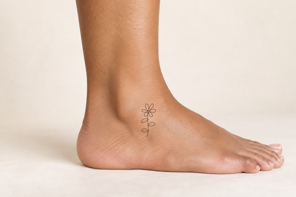 Wildflower on ankle, Classic composite on an adult female AI model
