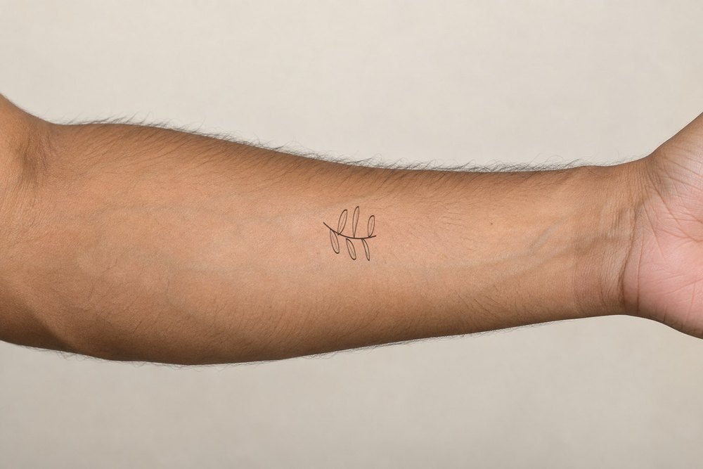 Olive branch on forearm, Classic composite on an adult male AI model