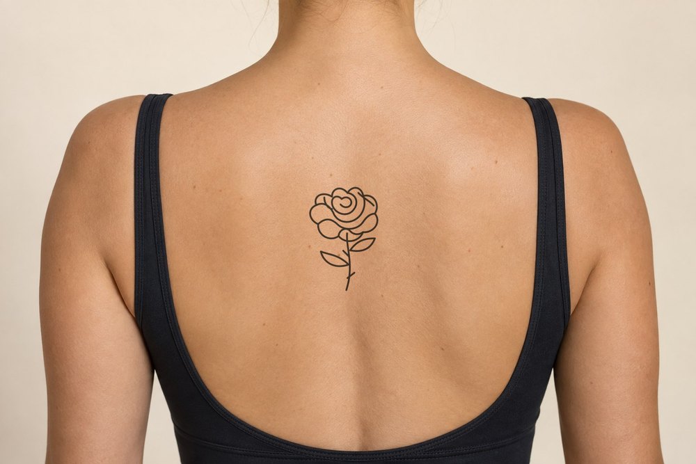 Stemmed rose on back, Classic composite on an adult AI model