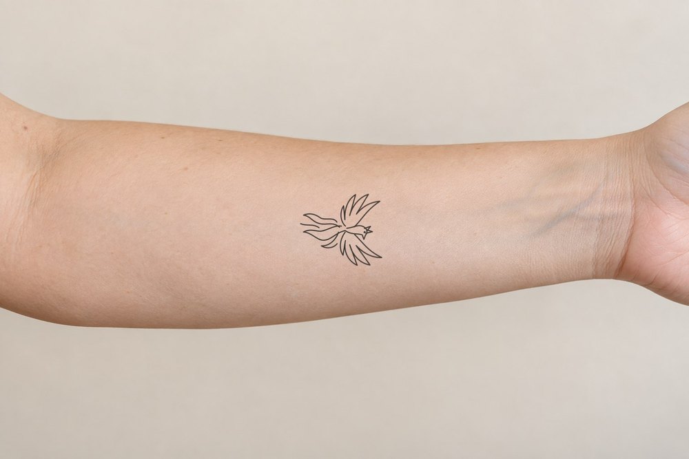 Rising phoenix on forearm, Classic composite on an adult AI model