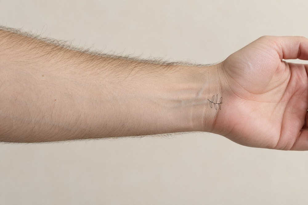 Olive branch on wrist, Classic composite on an adult male AI model