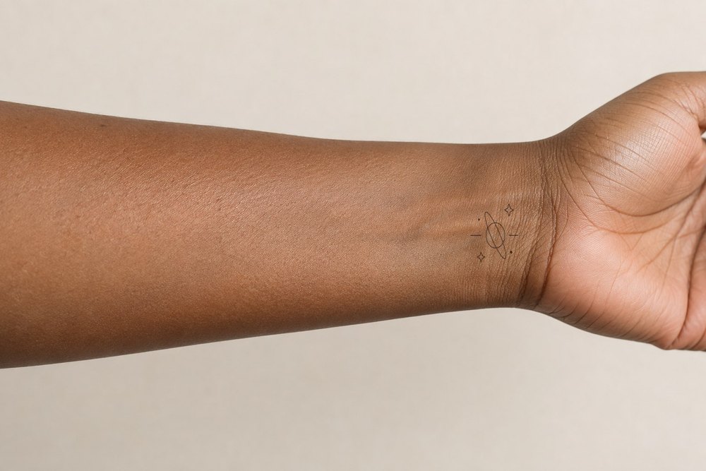 In orbit on wrist, Classic composite on an adult female AI model