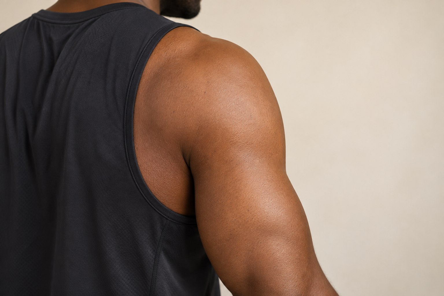 Shoulder placement reference, male adult AI model, no tattoo applied